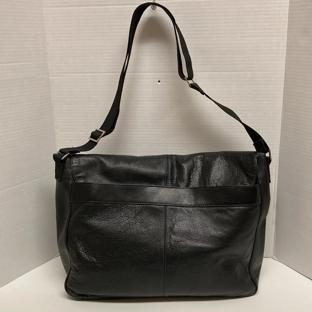 PERRY ELLIS POLFOLIO Black Leather Briefcase Messenger Bag UNISEX